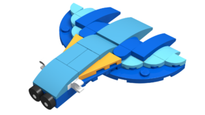 a blue and yellow spaceship made out of lego blocks