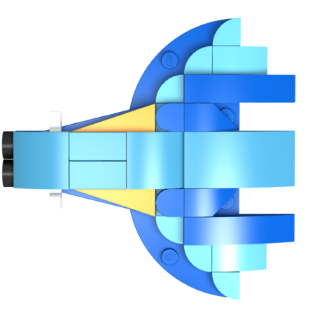 a blue and yellow spaceship made out of lego blocks