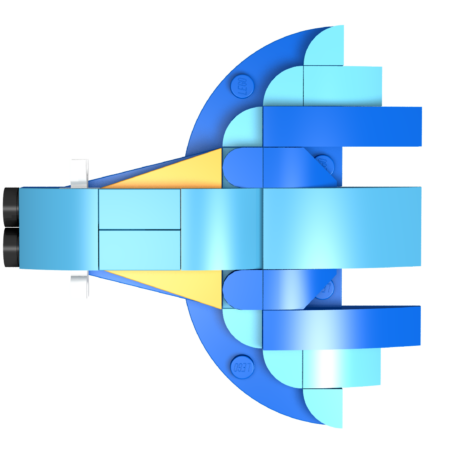 a blue and yellow spaceship made out of lego blocks