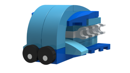 a blue and white transportspaceship made out of lego blocks